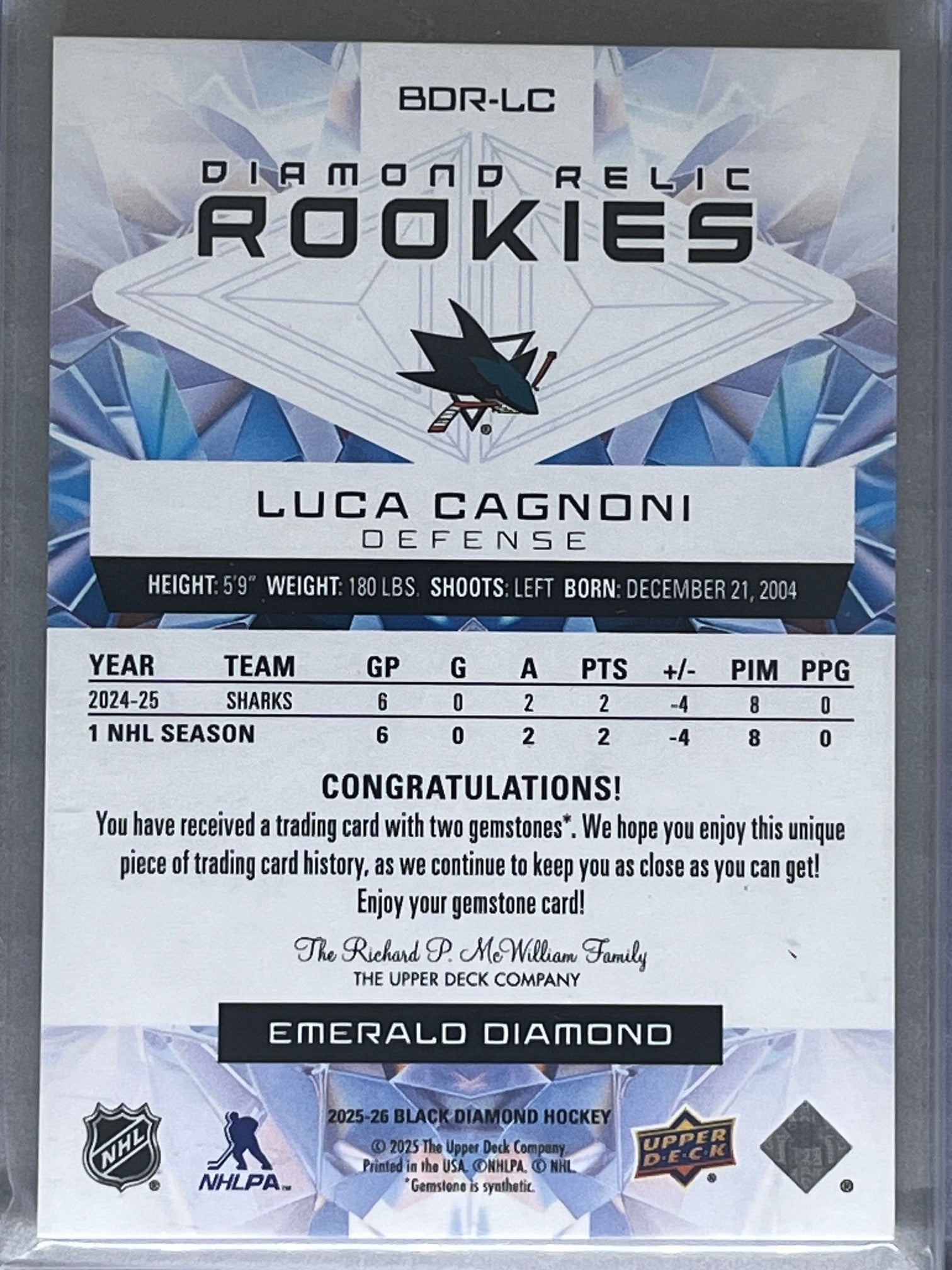 2025-26 Upper Deck Black Diamond Luca Cagnoni Double Diamond 05/10