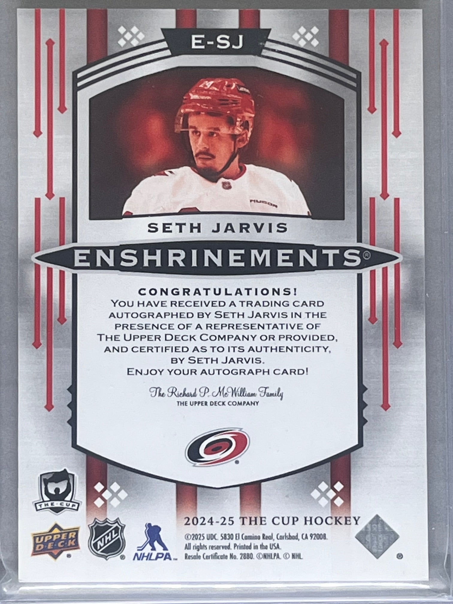 2024-25 Upper Deck The Cup- Seth Jarvis Enshrinements #E-SJ 54/99
