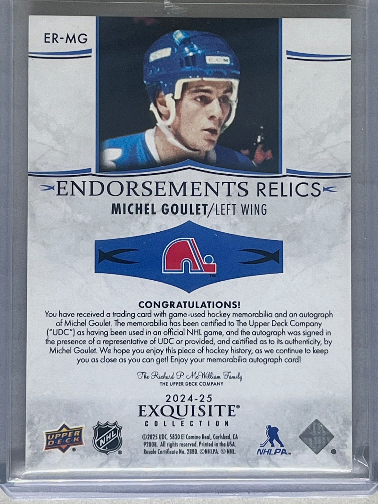 2024-25 UD Exquisite Collection Michel Goulet Endorsements Patch Auto #/50