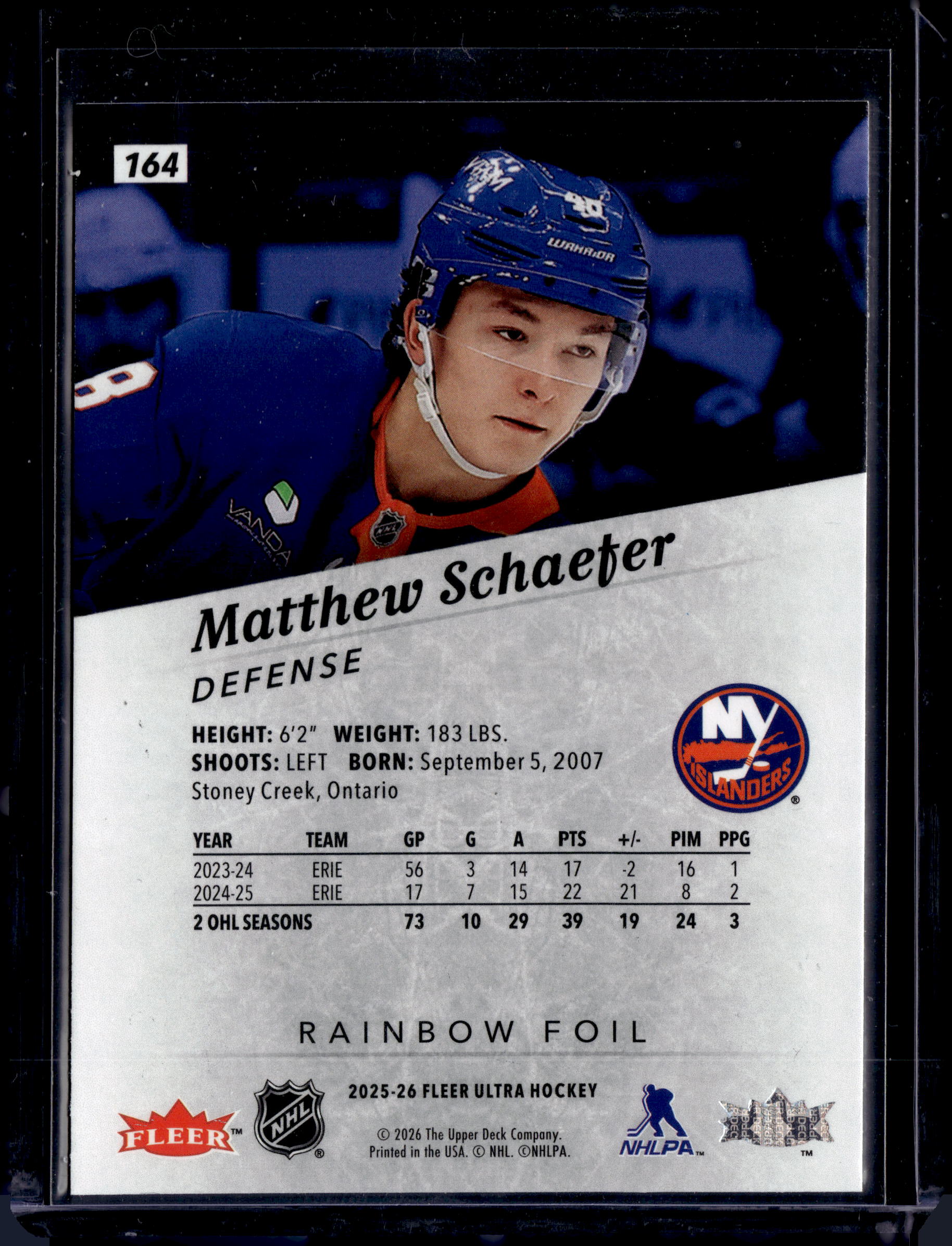 2025-26 Fleer Ultra #164 Matthew Schaefer RC Rainbow Foil