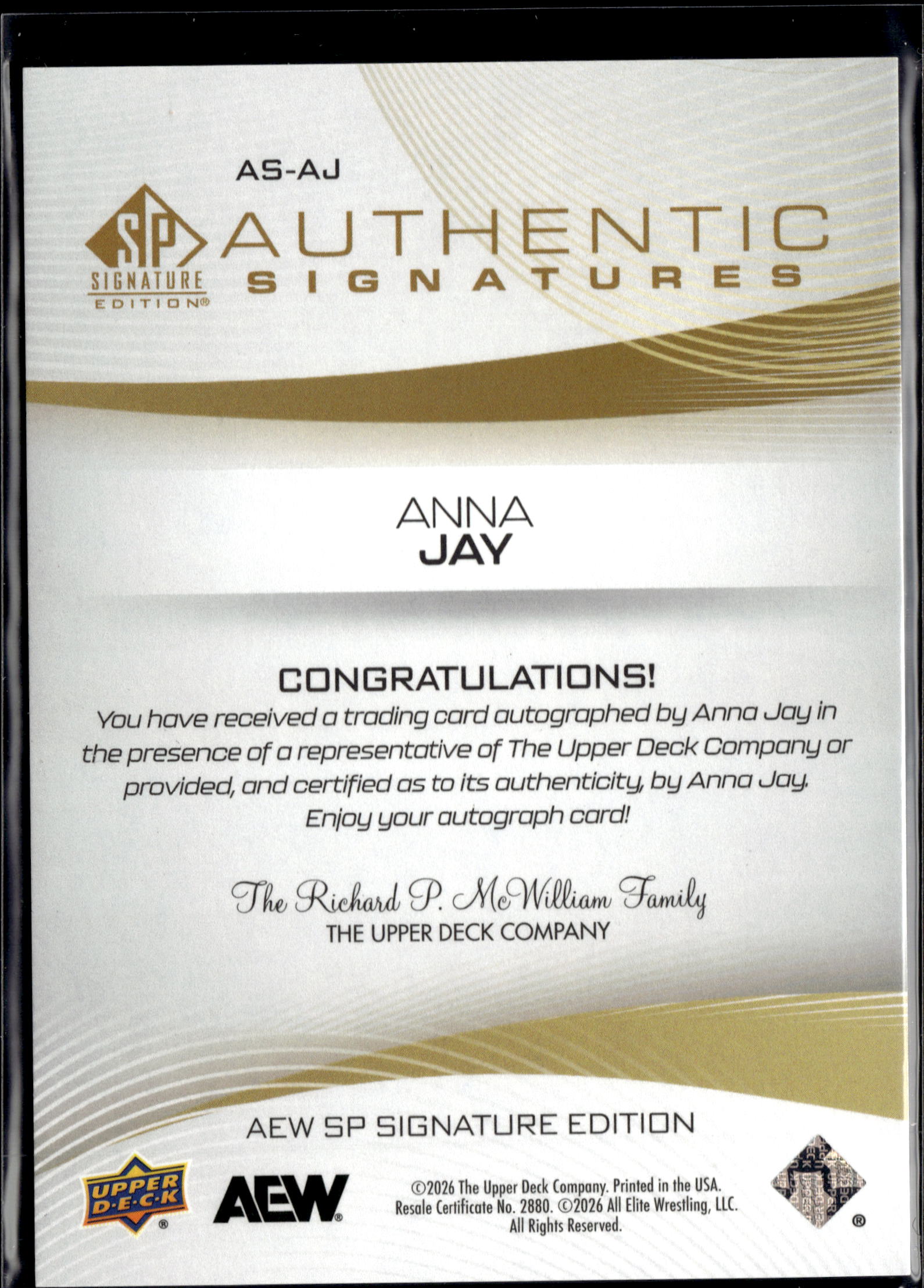 2025 AEW SP Signature Anna Jay Authentic Signatures