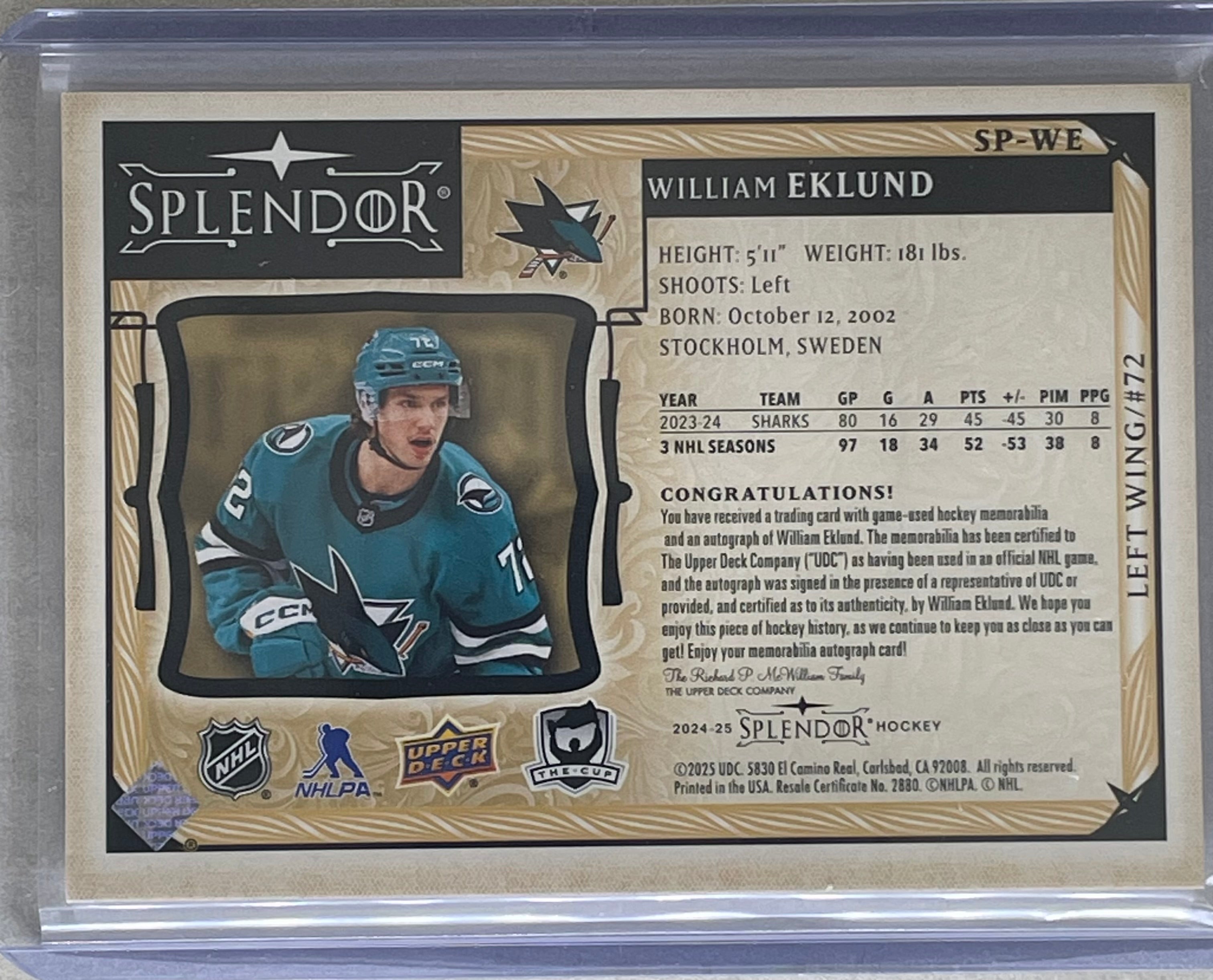 2024-25 The Cup Splendor Auto Patch /36 William Eklund