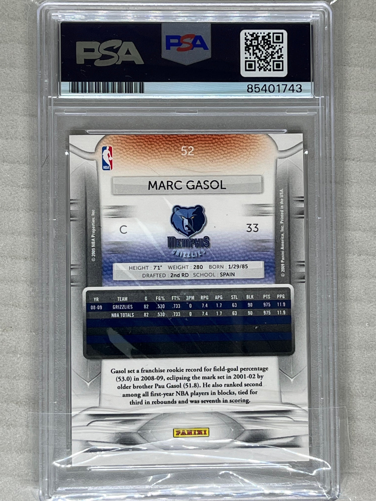 2009 Panini Prestige Marc Gasol PSA 10 Auto Grade