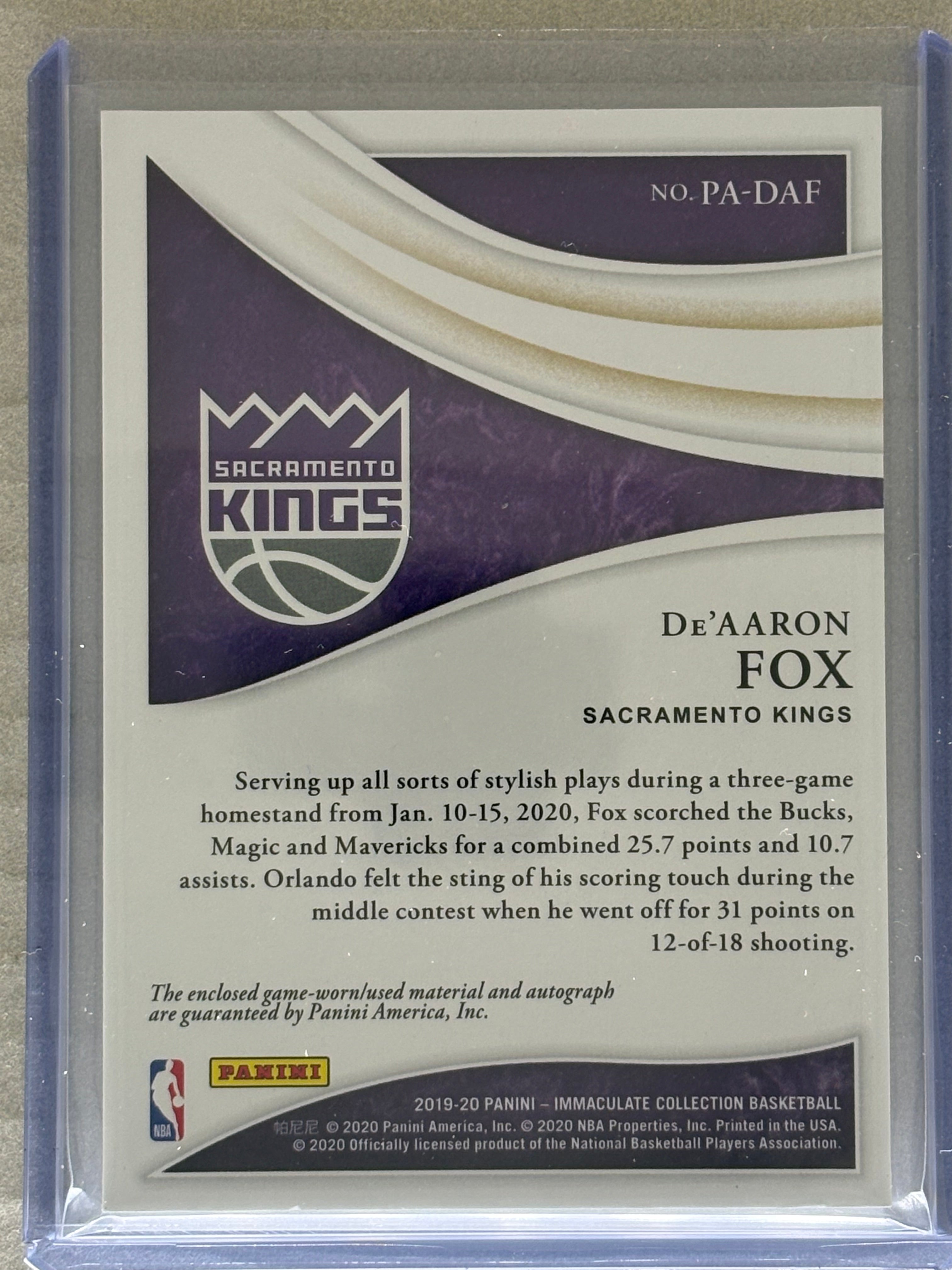 2019-20 Panini Immaculate Collection Auto Patch /35 De'Aaron Fox