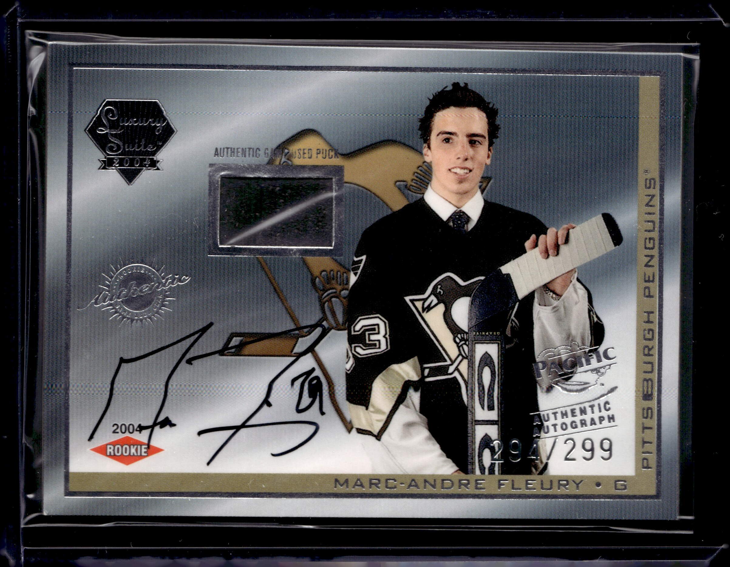 2004 Pacific Luxury Suite Game Used Puck Auto /299 Marc-Andre Fleury