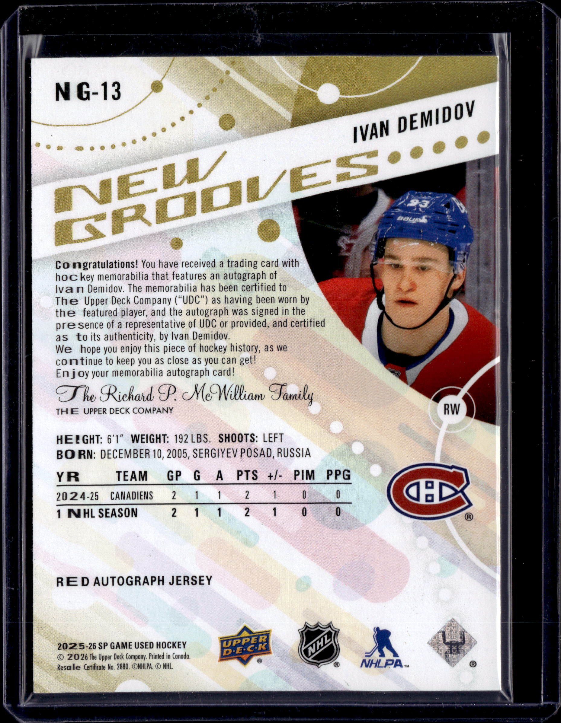 2025-26 SP Game Used Ivan Demidov New Grooves Jersey Auto Red #NG13 /25