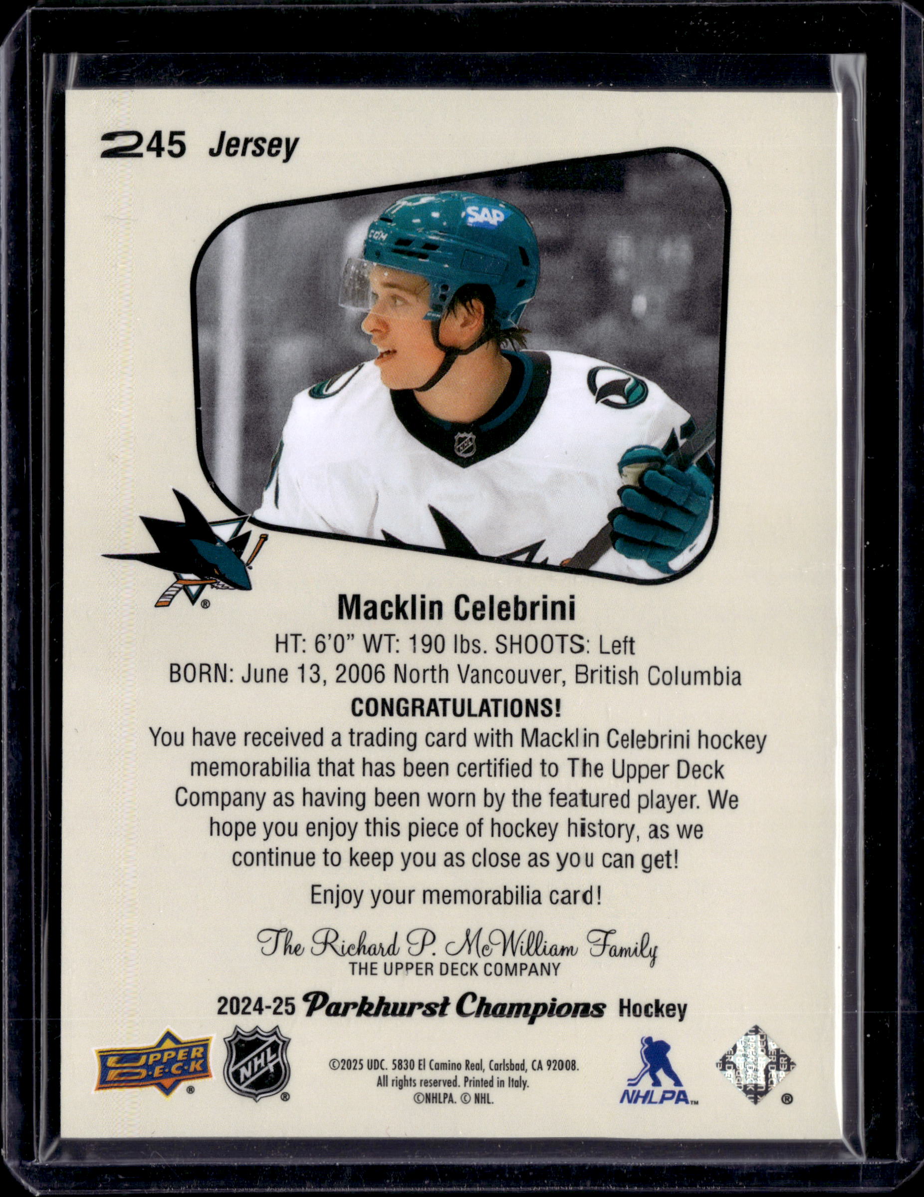 2024-25 Parkhurst Champions Macklin Celebrini Jersey