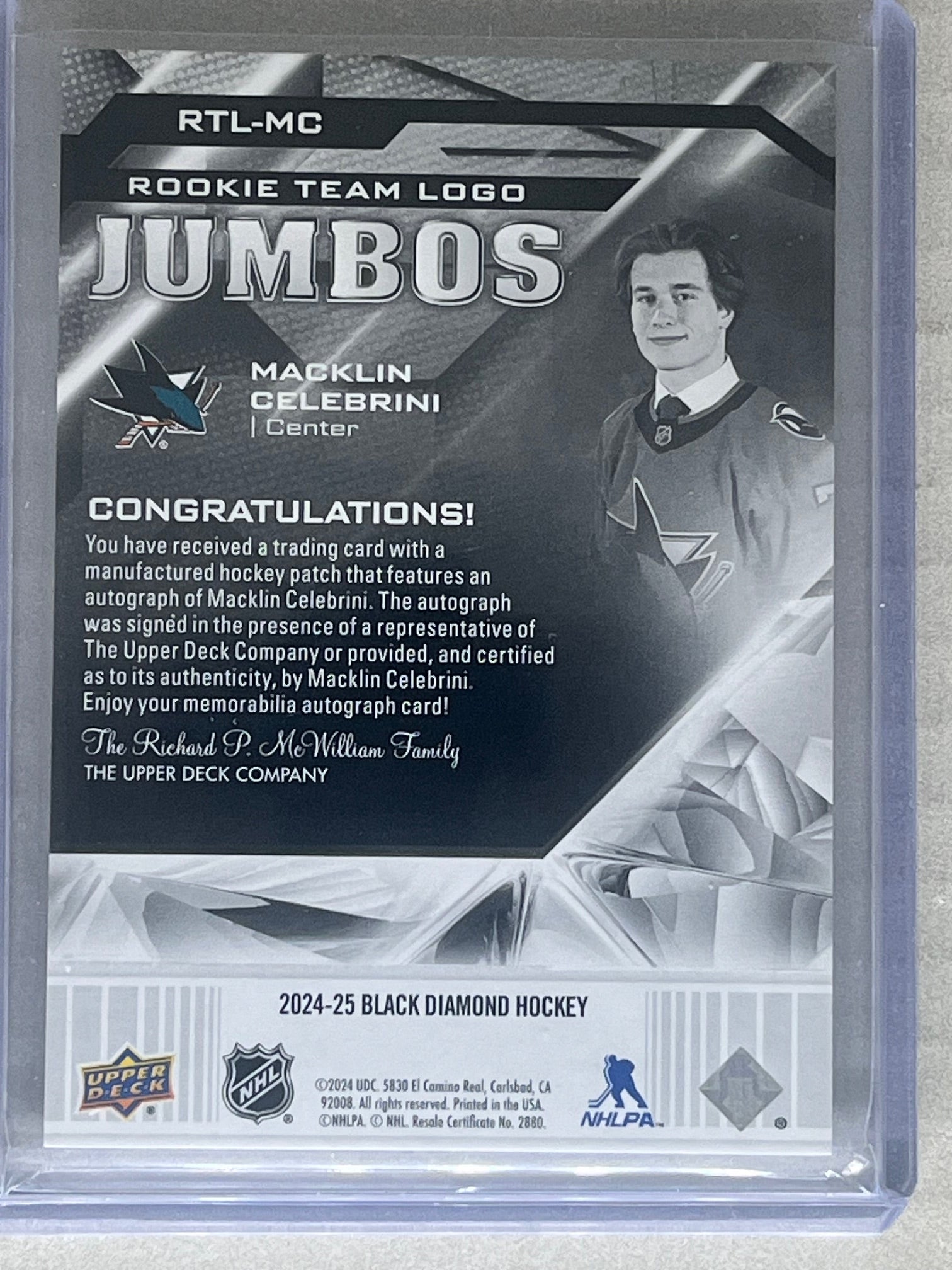 2024-25 Upper Deck Black Diamond Macklin Celebrini Rookie Team Logo Jumbo Auto /49