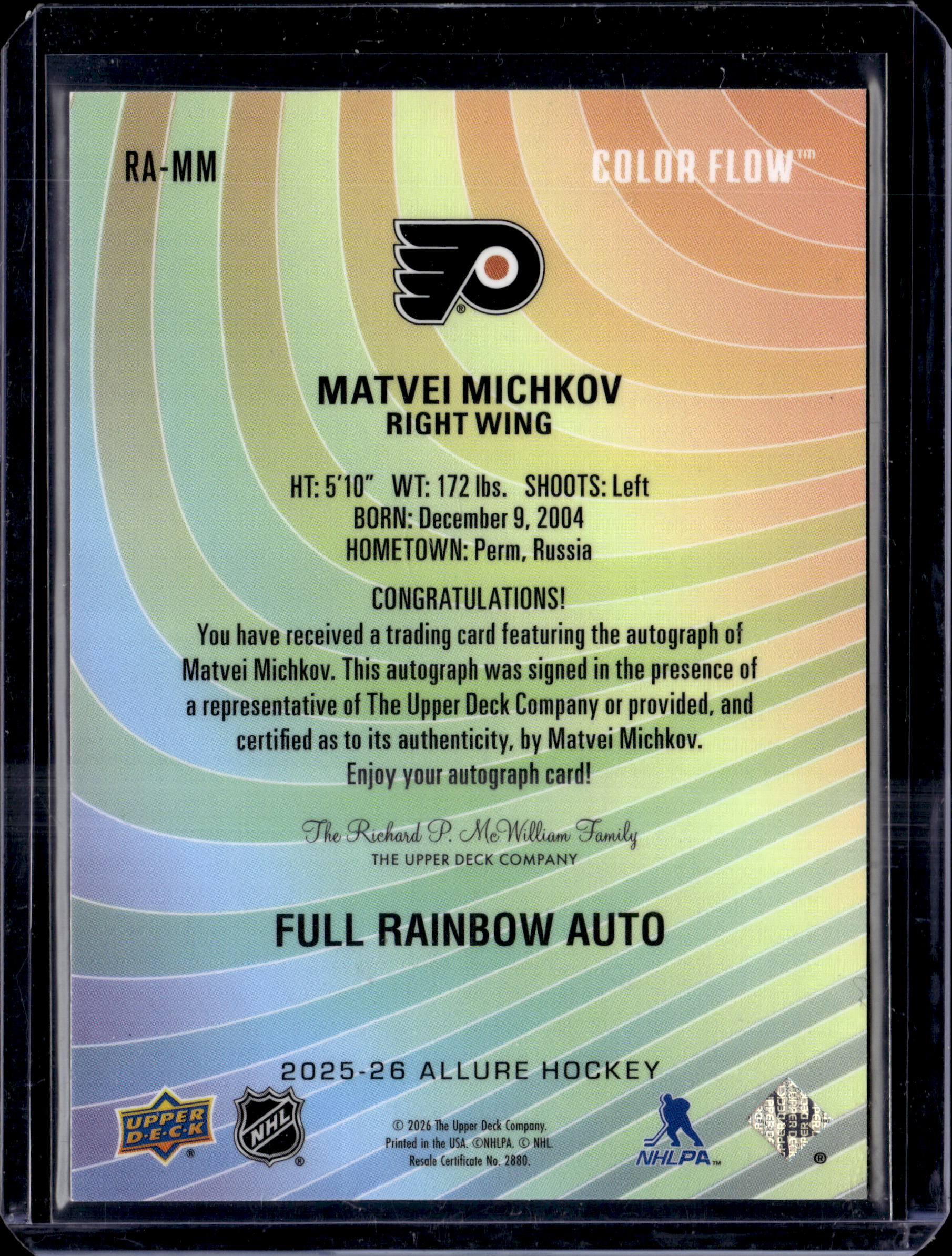 2025-26 Upper Deck Allure Matvei Michkov Full Rainbow Auto