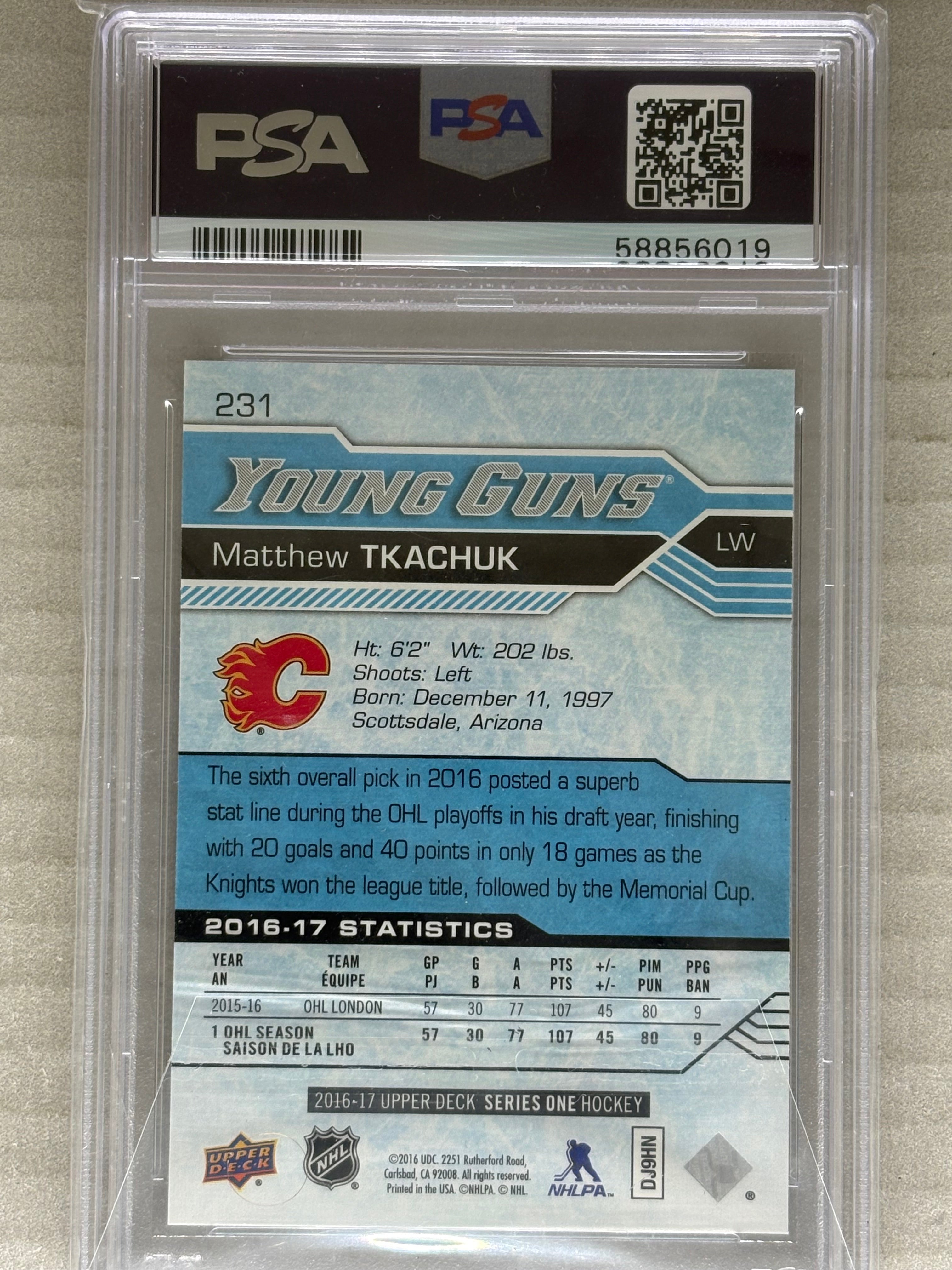 2016-17 UD Series One Young Guns Matthew Tkachuk PSA 10