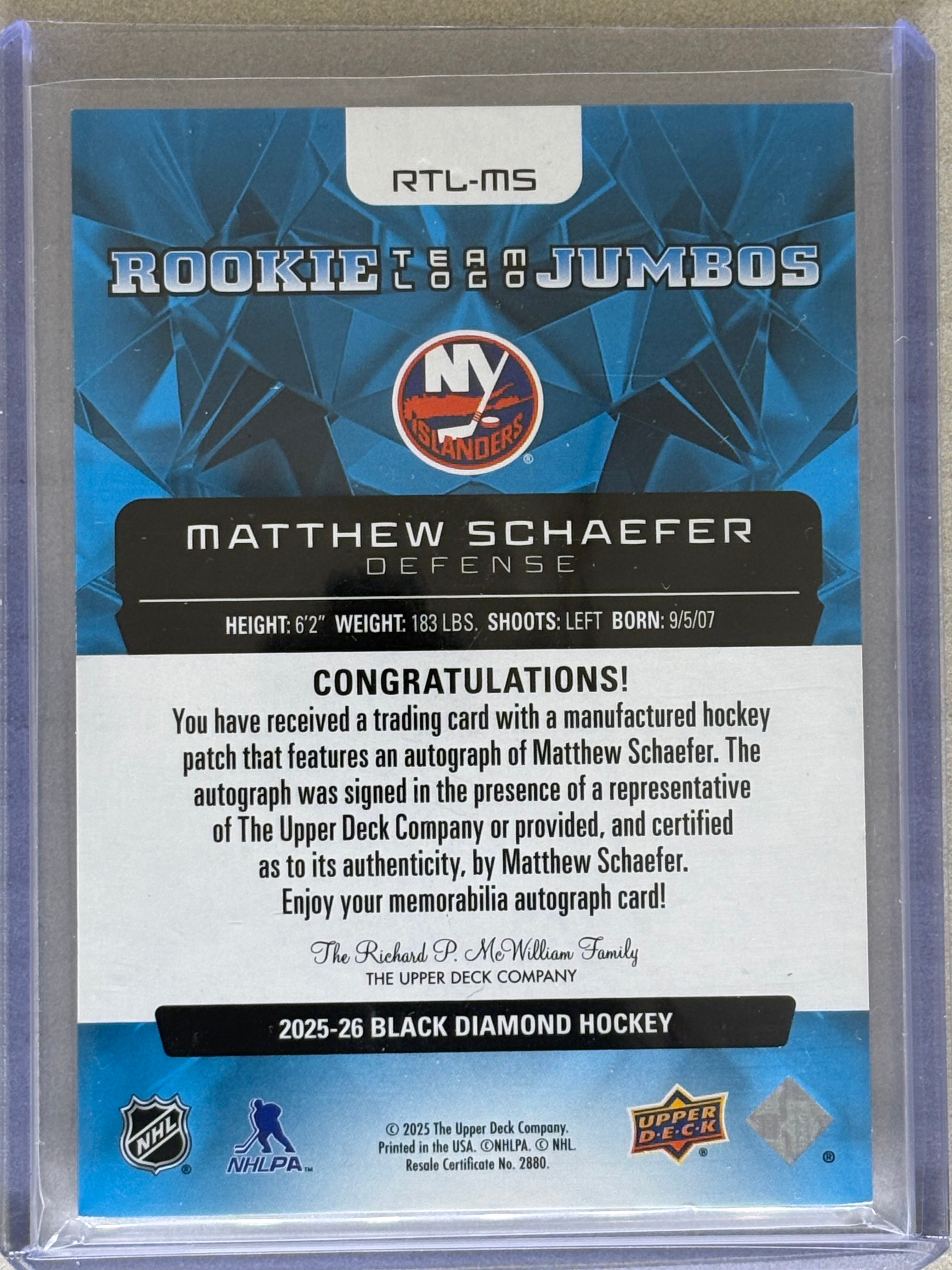 2025-26 Black Diamond Matthew Schaefer Rookie Team Logo Jumbos Atuo