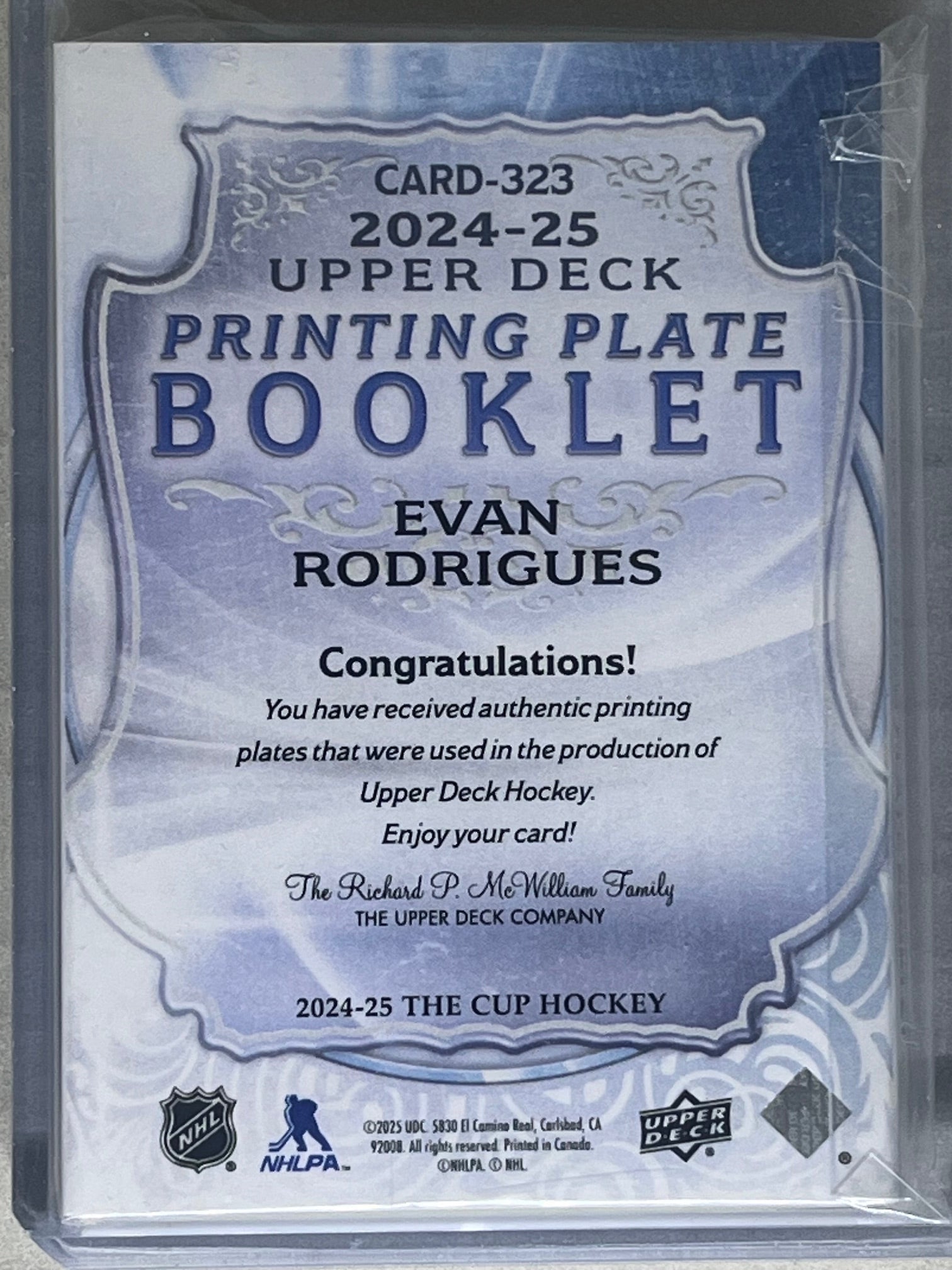 2024-25 Upper Deck Printing Plate Evan Rodrigues 1/1 Booklet