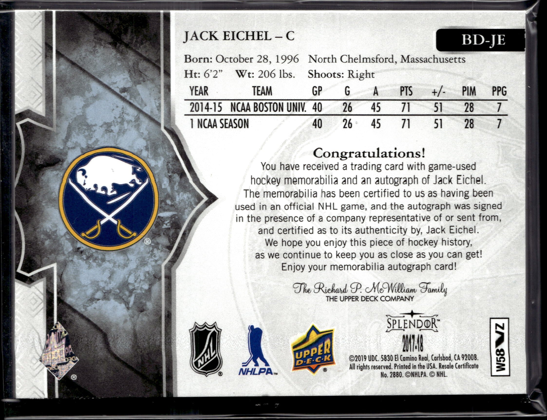 2019-20 Upper Deck The Cup Jack Eichel 17-18 Update Splendor Patch Auto 07/36