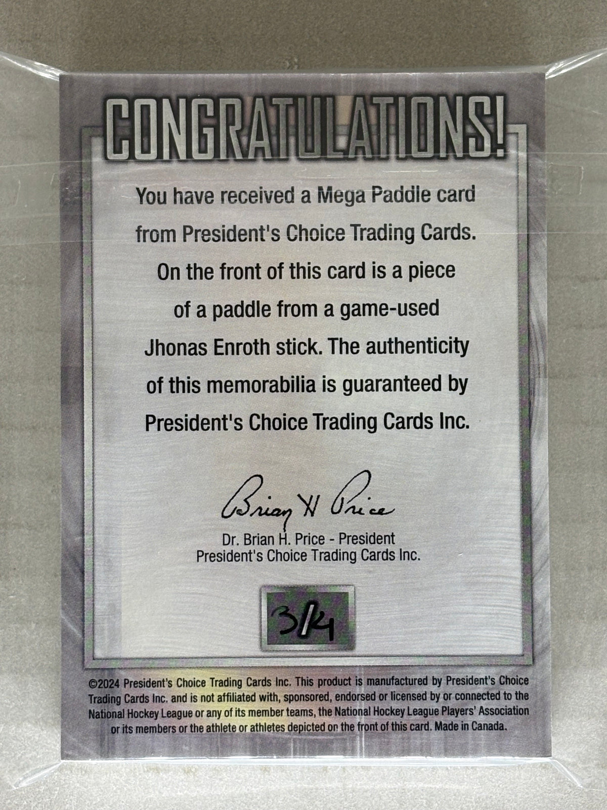 2024 President's Choice Mega Paddle 3/4 Jhonas Enroth