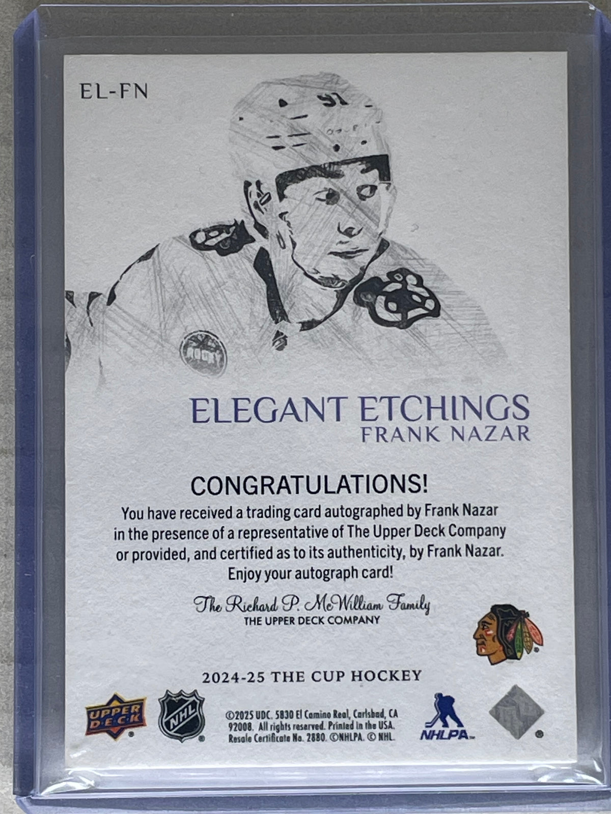 2024-25 Upper Deck The Cup Elegant Etchings Frank Nazar Auto Blackhawks EL-FN