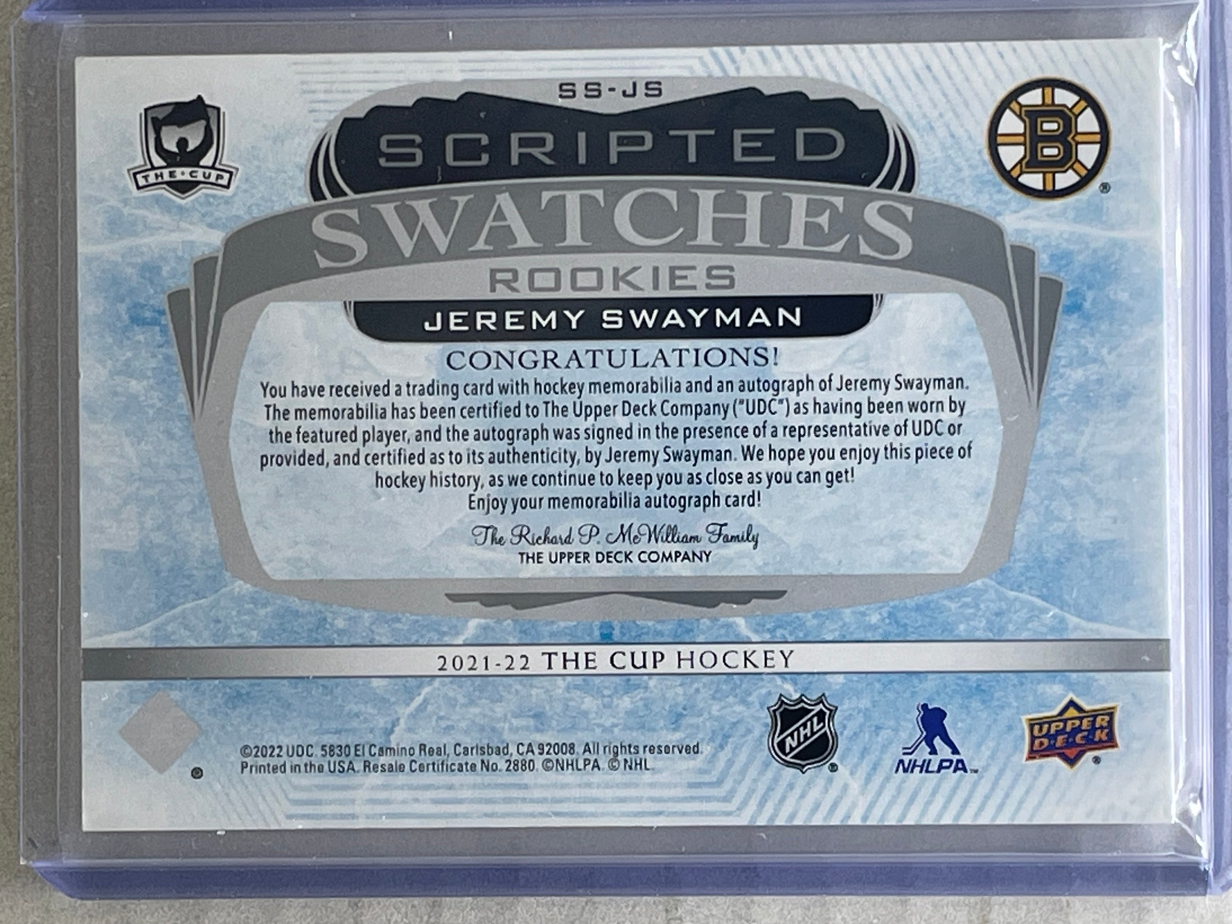 2021-22 UD The Cup Scripted Swatches Rookies Auto Jeremy Swayman /35