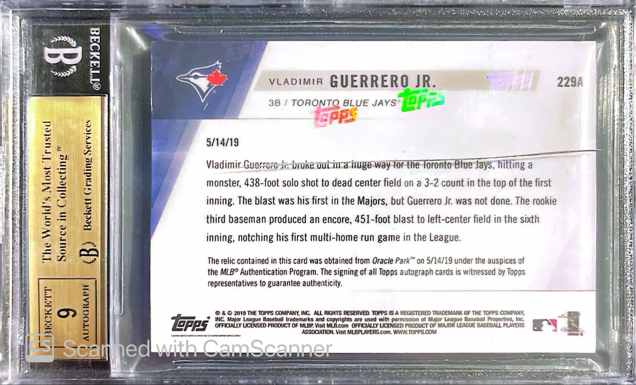 2019 Topps Now Vladimir Guerrero Jr. RC Autograph Relics BGS 10
