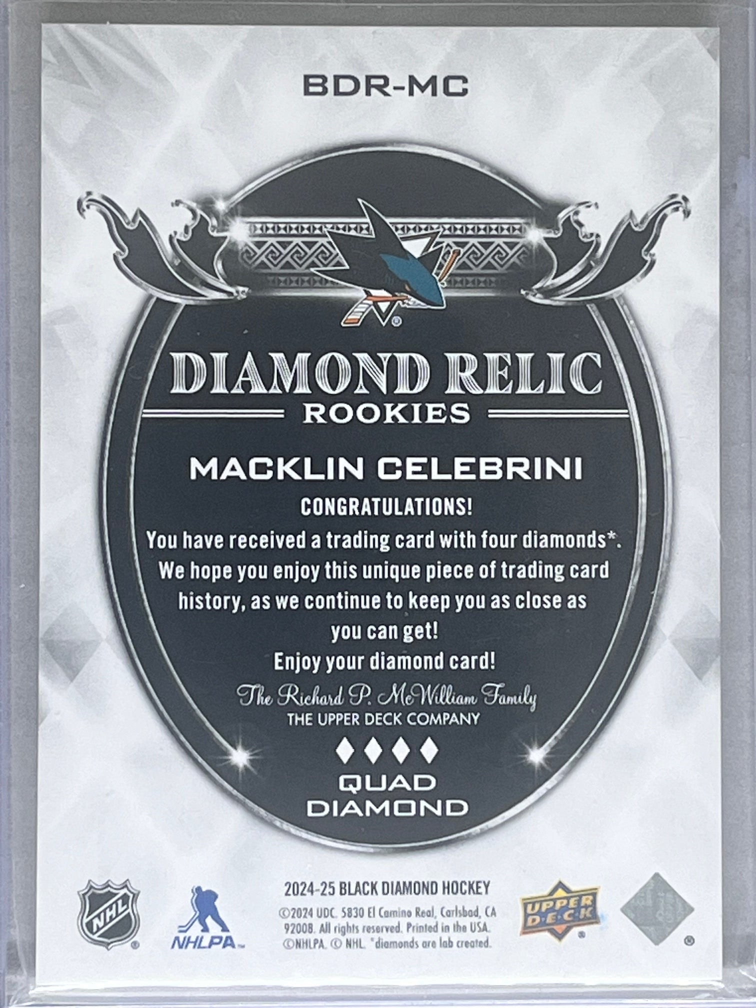 2024-25 Upper Deck Black Diamond Quad Relic Rookies Macklin Celebrini /99