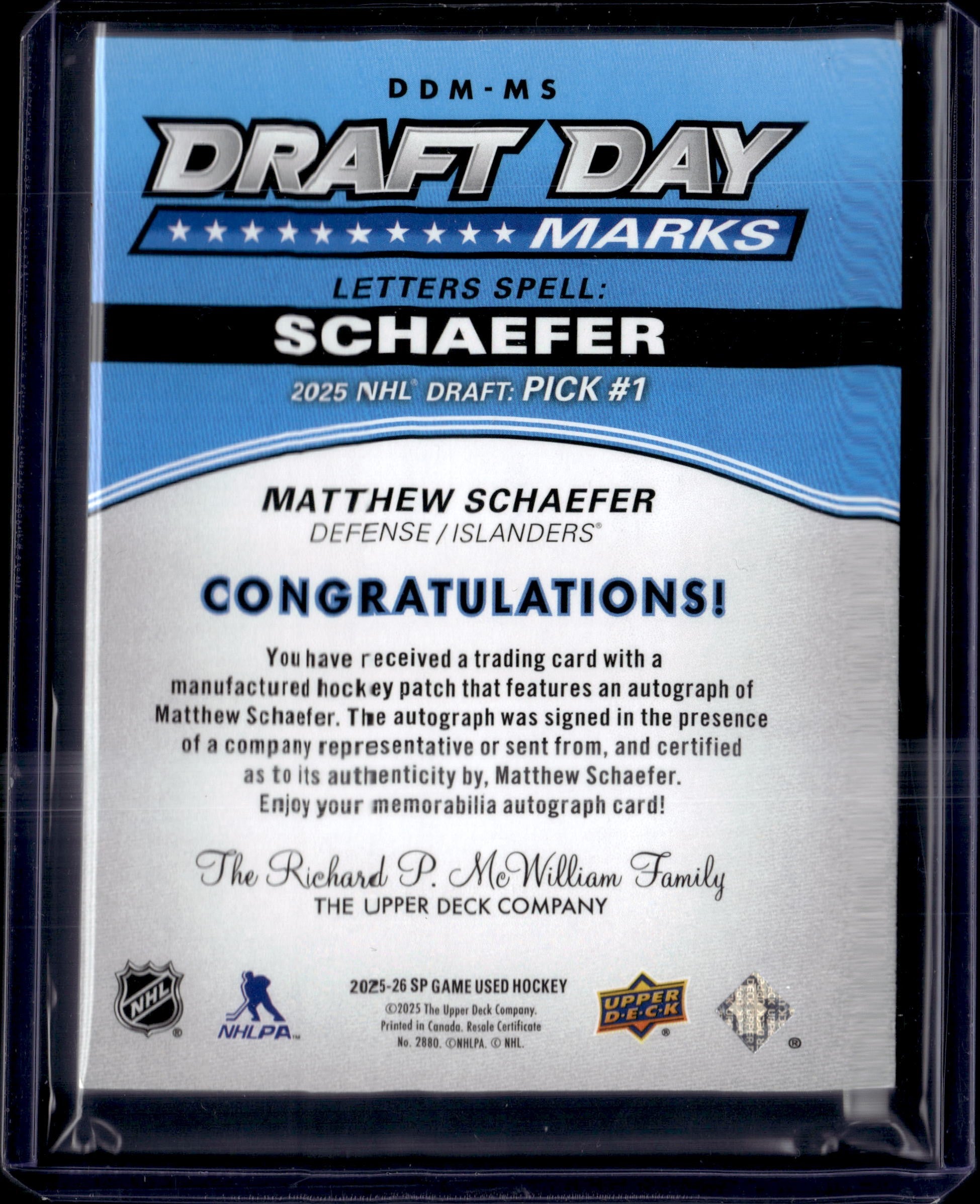 2025-26 SP Game Used Draft Day Marks "H" Matthew Schaefer /35