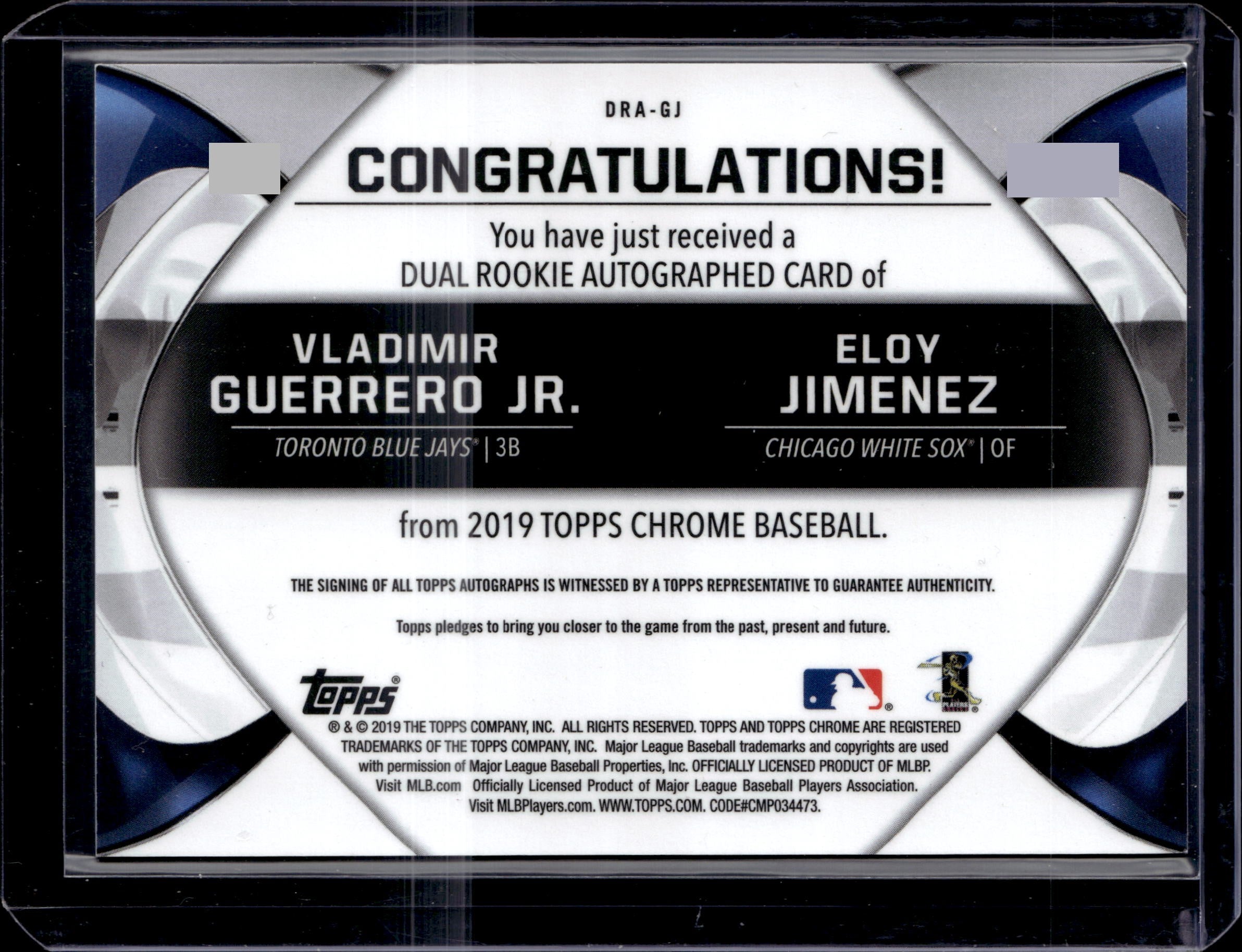2019 Topps Chrome Dual Rookie Autograph /25 Eloy Jiminez & Vladimir Guerrero Jr
