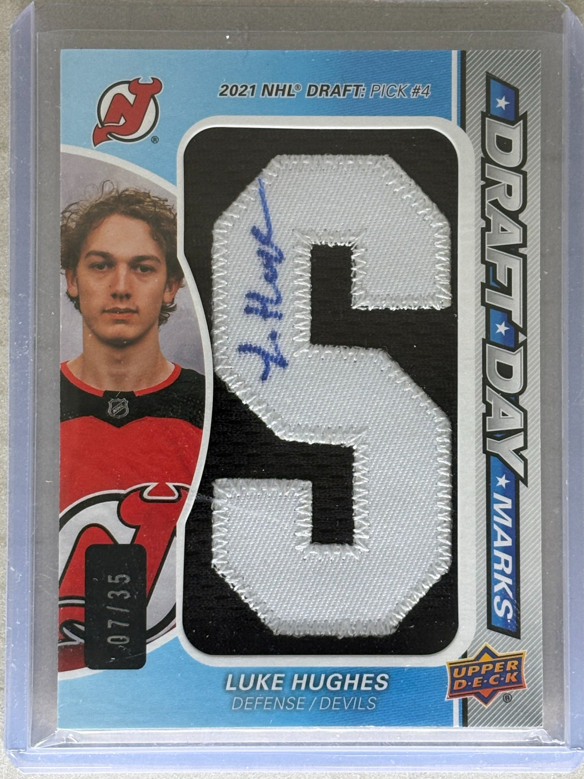 2023-24 Upper Deck SP Game Used Luke Hughes Draft Day Marks "S" 07/35