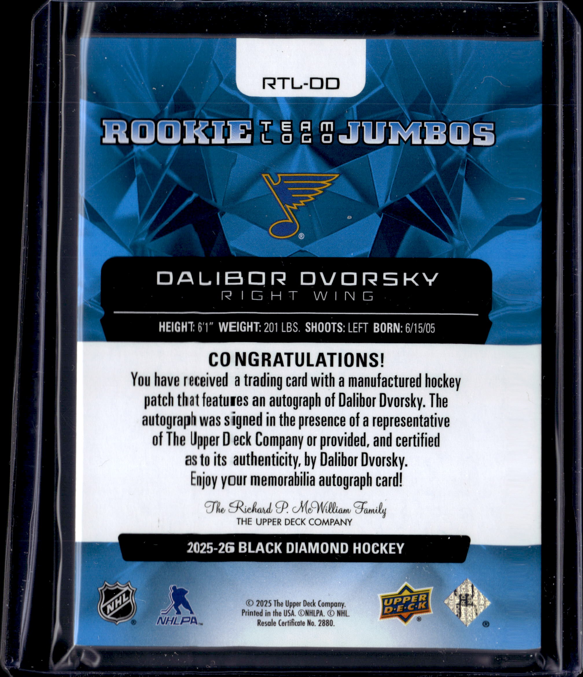 2025-26 UpperDeck Black Diamond Dalibor Dvorsky Rookie Team Logo Jumbos Auto /25