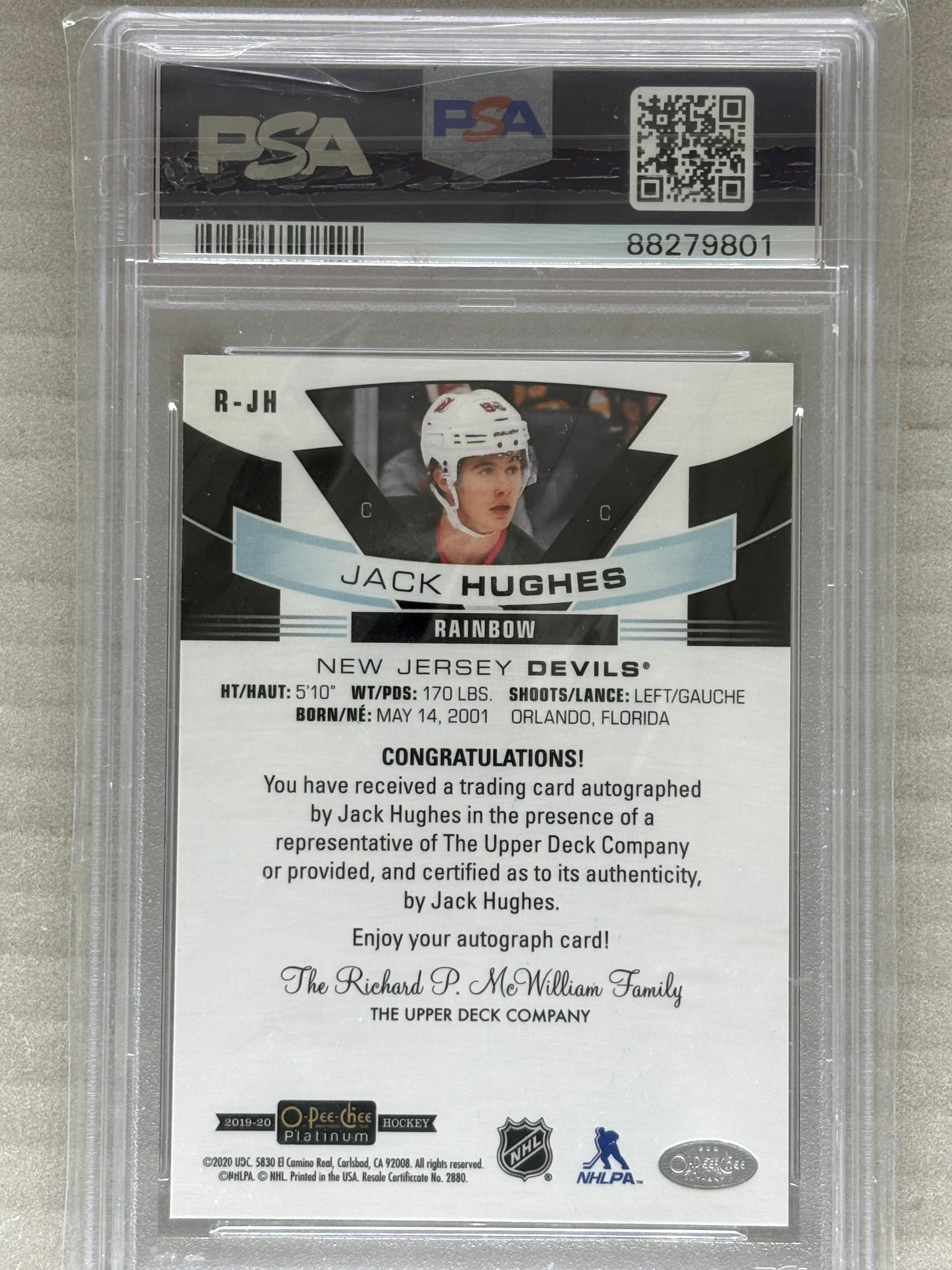 2019-20 OPC Platinum Jack Hughes Rookie Autos Rainbow #R-JH PSA 9