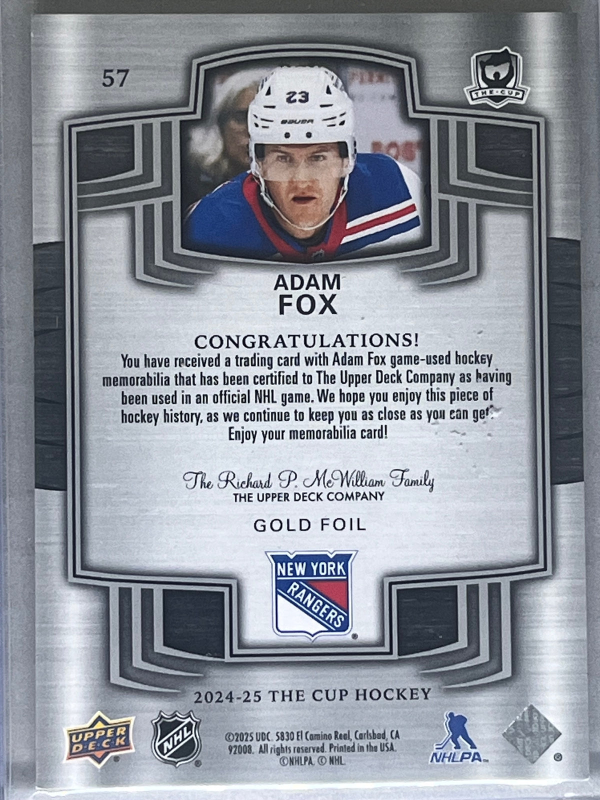 2024-25 Upper Deck The Cup Adam Fox Gold Foil Patch /8 #57
