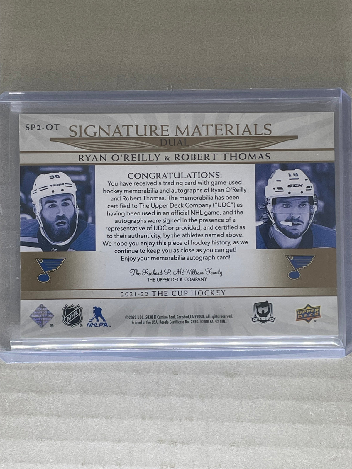 2021-22 The Cup Signature Materials Dual /15 Robert Thomas/ Ryan O'Reilly