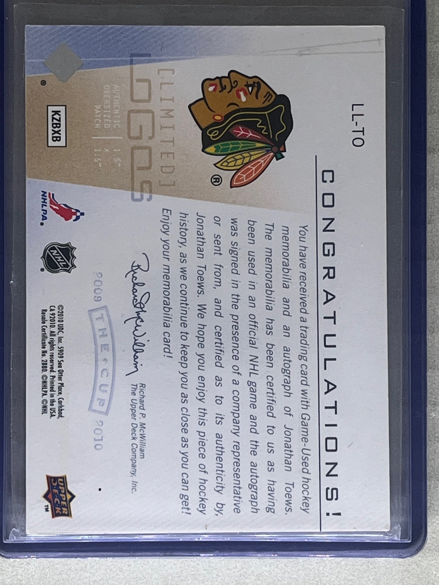2009-10 Upper Deck The Cup Jonathan Toews Limited Logo Patch Auto /50