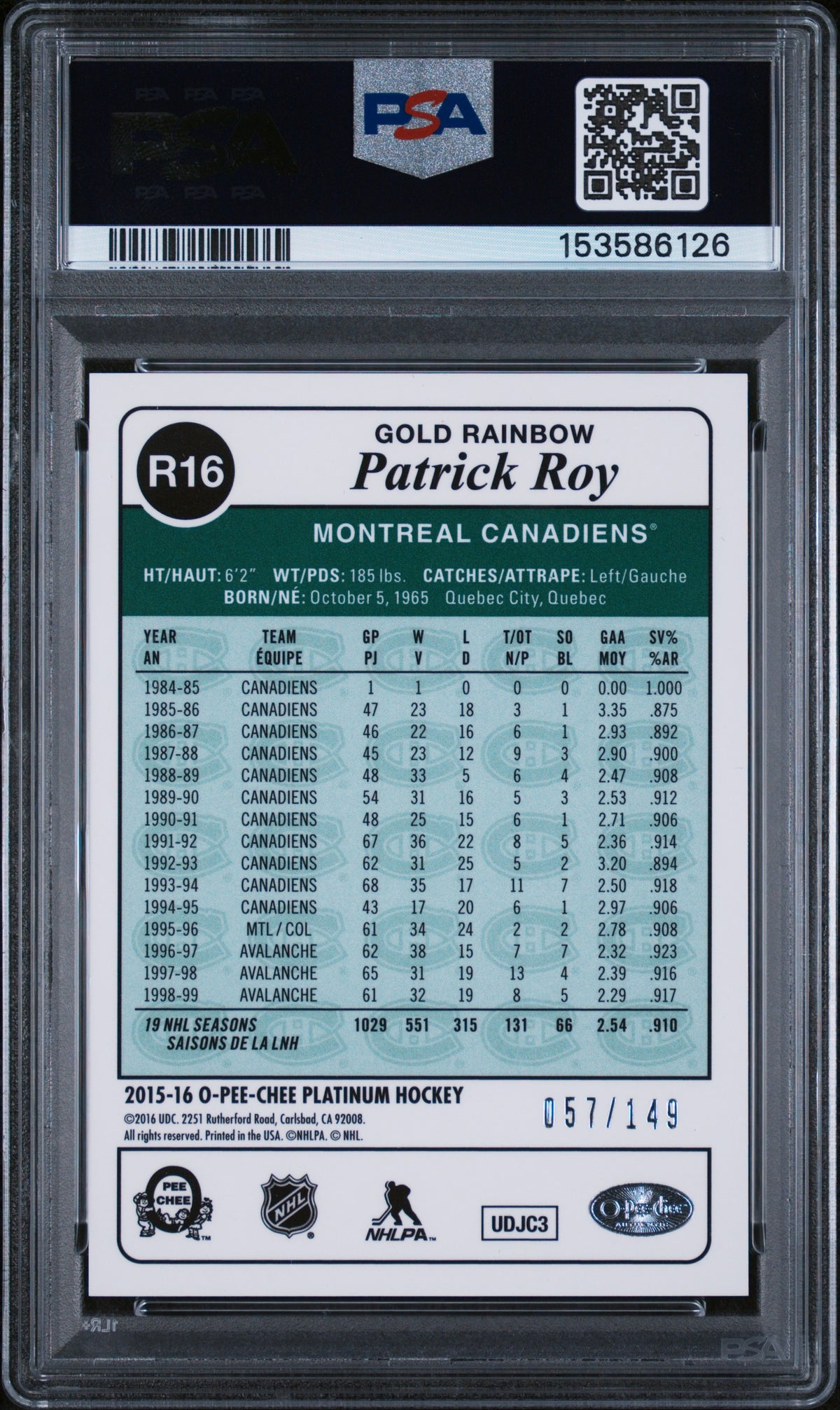 2015-16 O-Pee-Chee Platinum Patrick Roy Gold Rainbow Retro 075/149 PSA 10