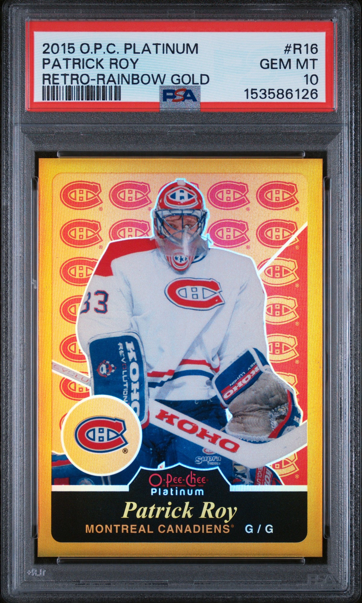2015-16 O-Pee-Chee Platinum Patrick Roy Gold Rainbow Retro 075/149 PSA 10