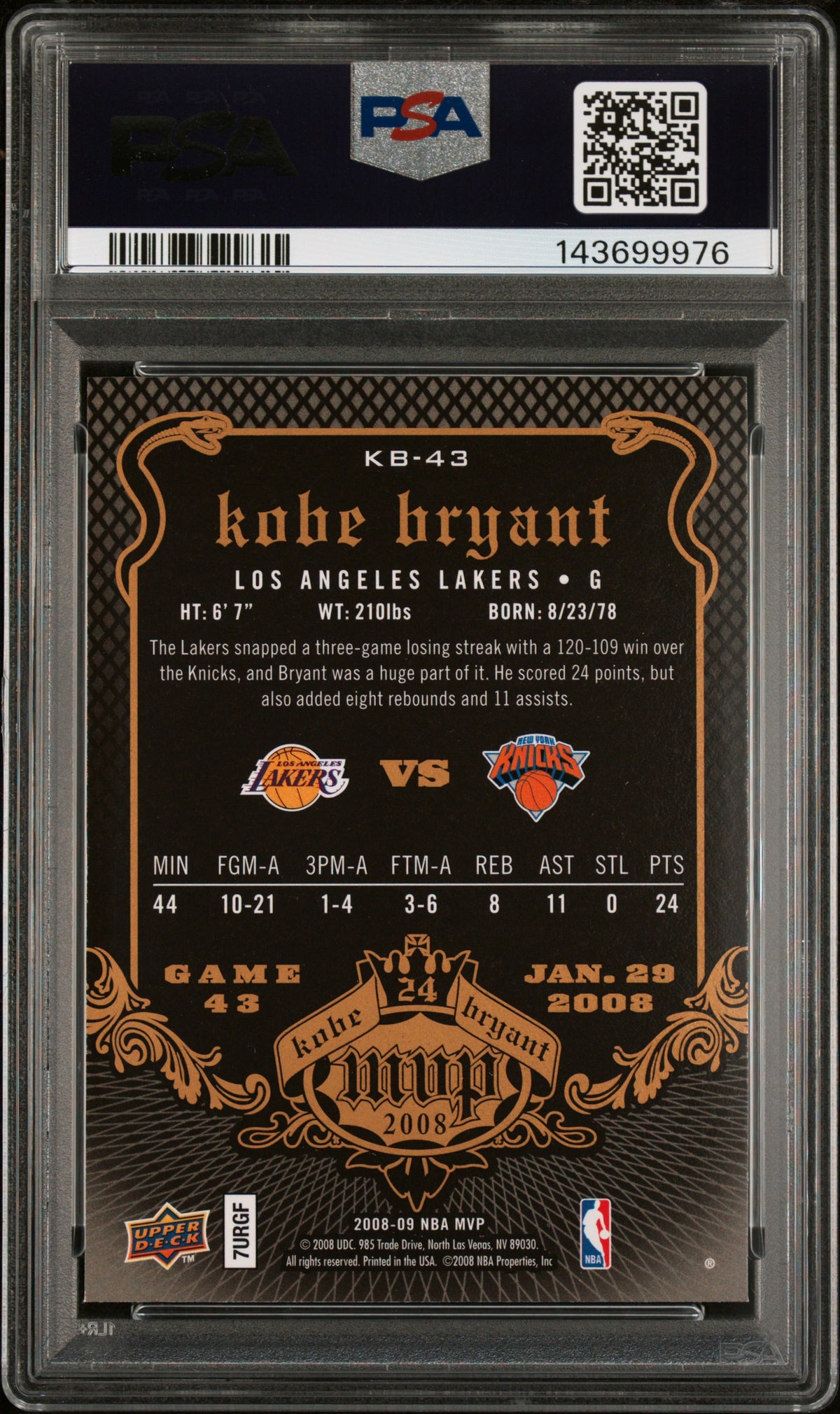 2008-09 Upper Deck MVP - Kobe Bryant MVP #KB-43 Black Border PSA 9