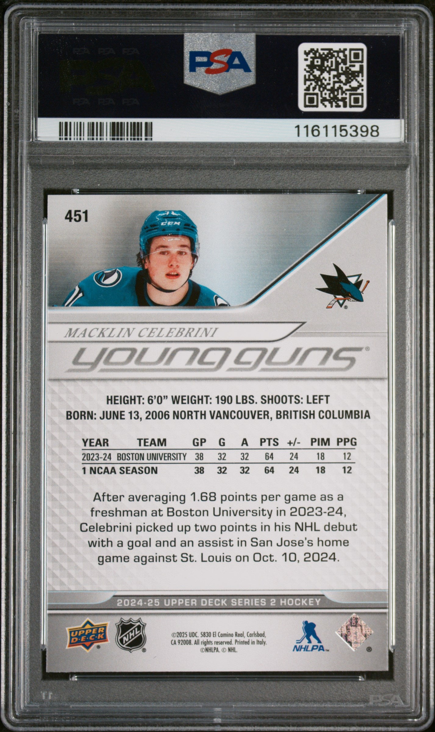 2024-25 Upper Deck Series 2 Macklin Celebrini Young Guns PSA 10