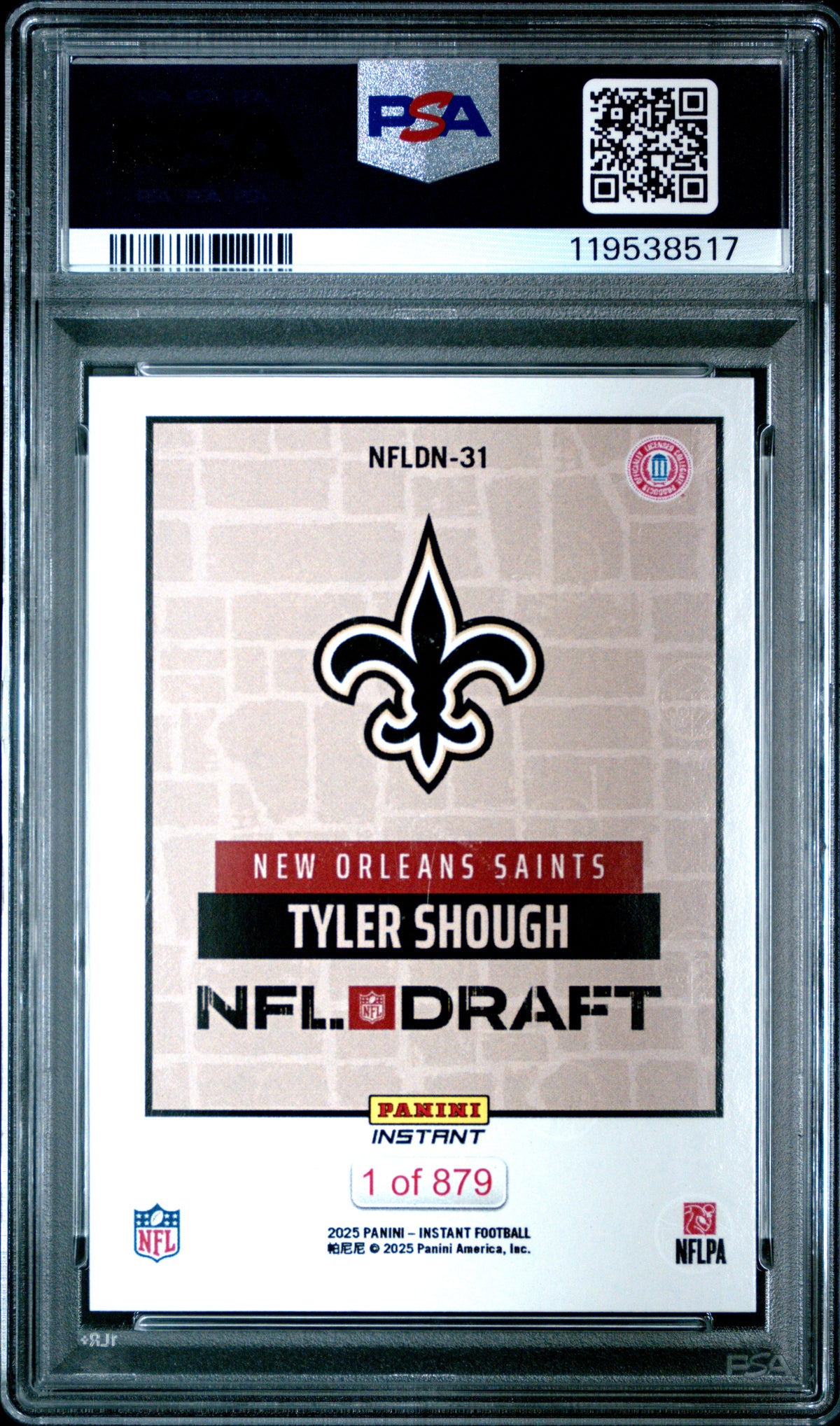 2025 Panini Instant NFL Draft Night Tyler Shough RC #NFLDN-31 Saints PSA 10
